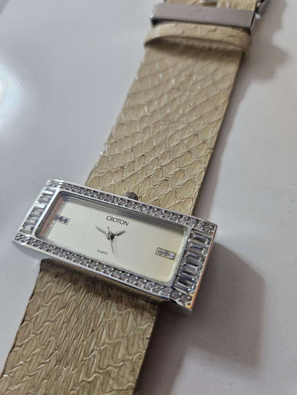 Croton Beige Snake Strap Crystal-Trim Rectangular Women's Watch